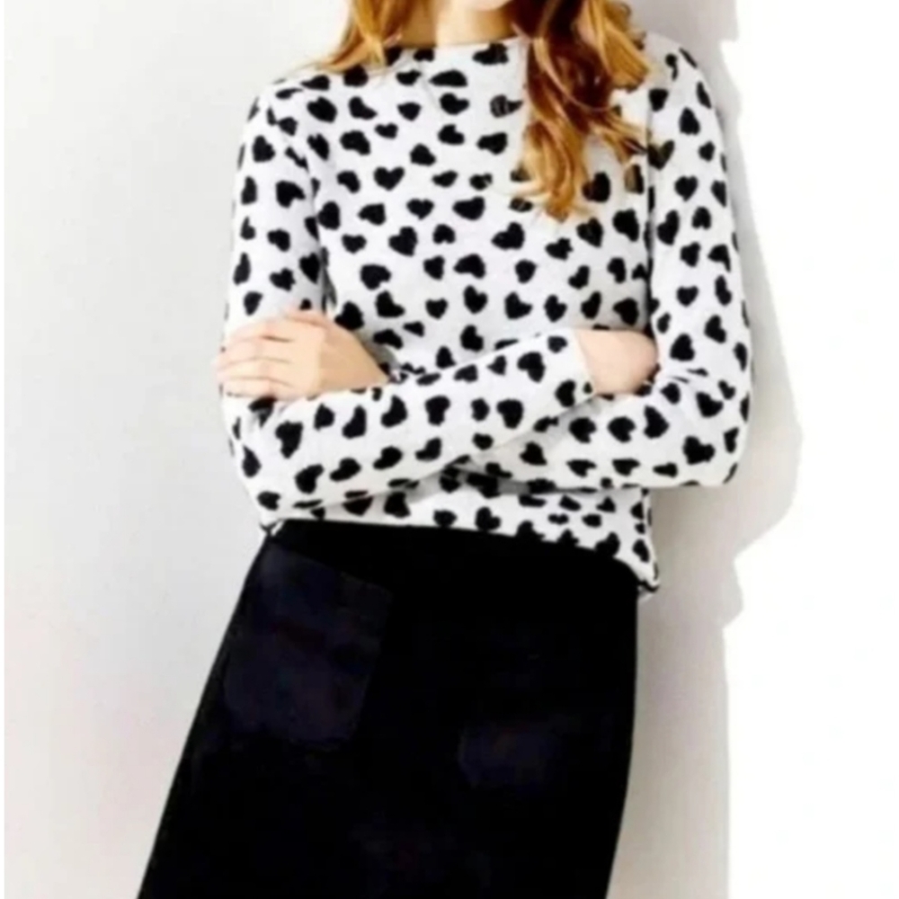 Loft Medium Petite Gray‎ Black Cotton Blend Mock-Neck Long Sleeve Heart Sweater